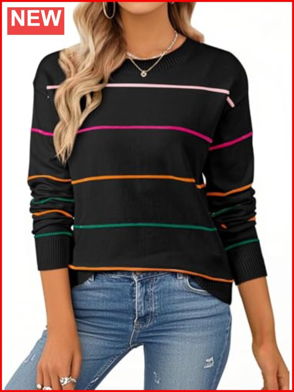 Women's Striped Crew Neck Knit Sweater Long Sleeve Pullover Loose Fit
